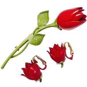 Vintage Enamel Red Rose Brooch & Clip On Earrings Set Romantic 50s Demi Parure